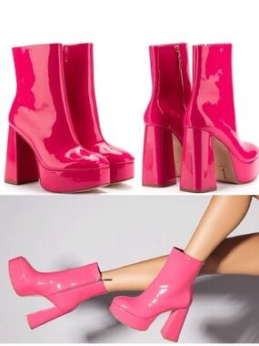 Larroude Dolly Boot in Pink Patent Leather